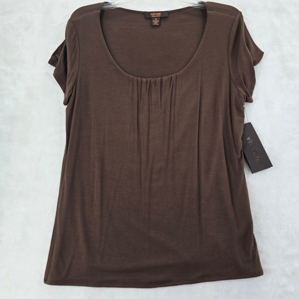 Victor Alfaro Top Womens Shirt Brown Scoop Neck Pleated Front Rayon Spandex NWT